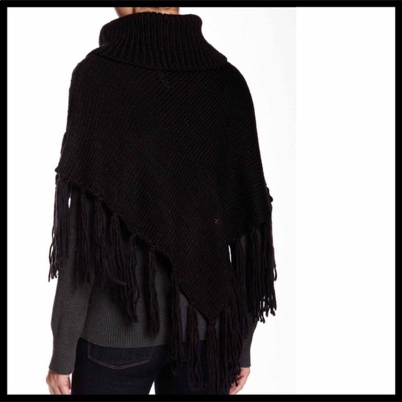 BLACK PONCHO PULLOVER FRINGE CAPE SWEATER A3C - Picture 6 of 7